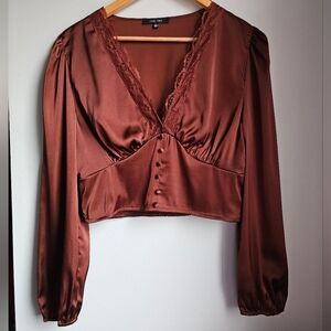 Victorian brown satin top with lace V-neck